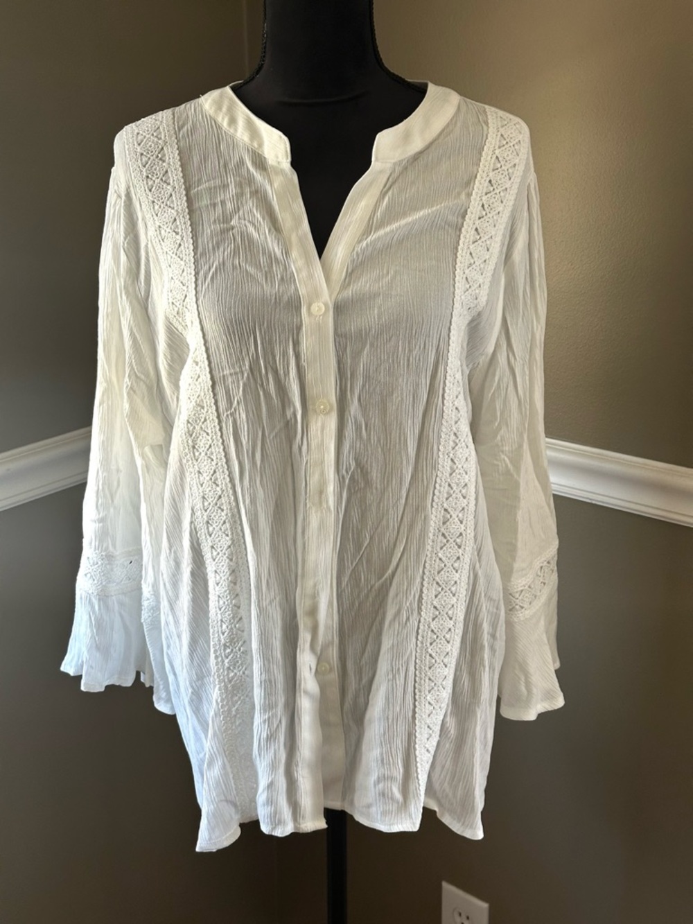 NY Collection White Crochet-Trim Button-Front Tunic Blouse